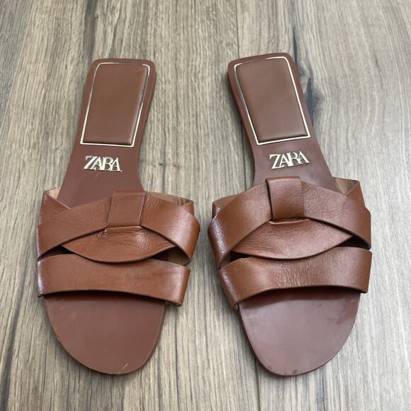 Zara Flat Crossed Slides Brown Leather Sandals Size 38 US 8 Cognac Retail $49 - Picture 2 of 6